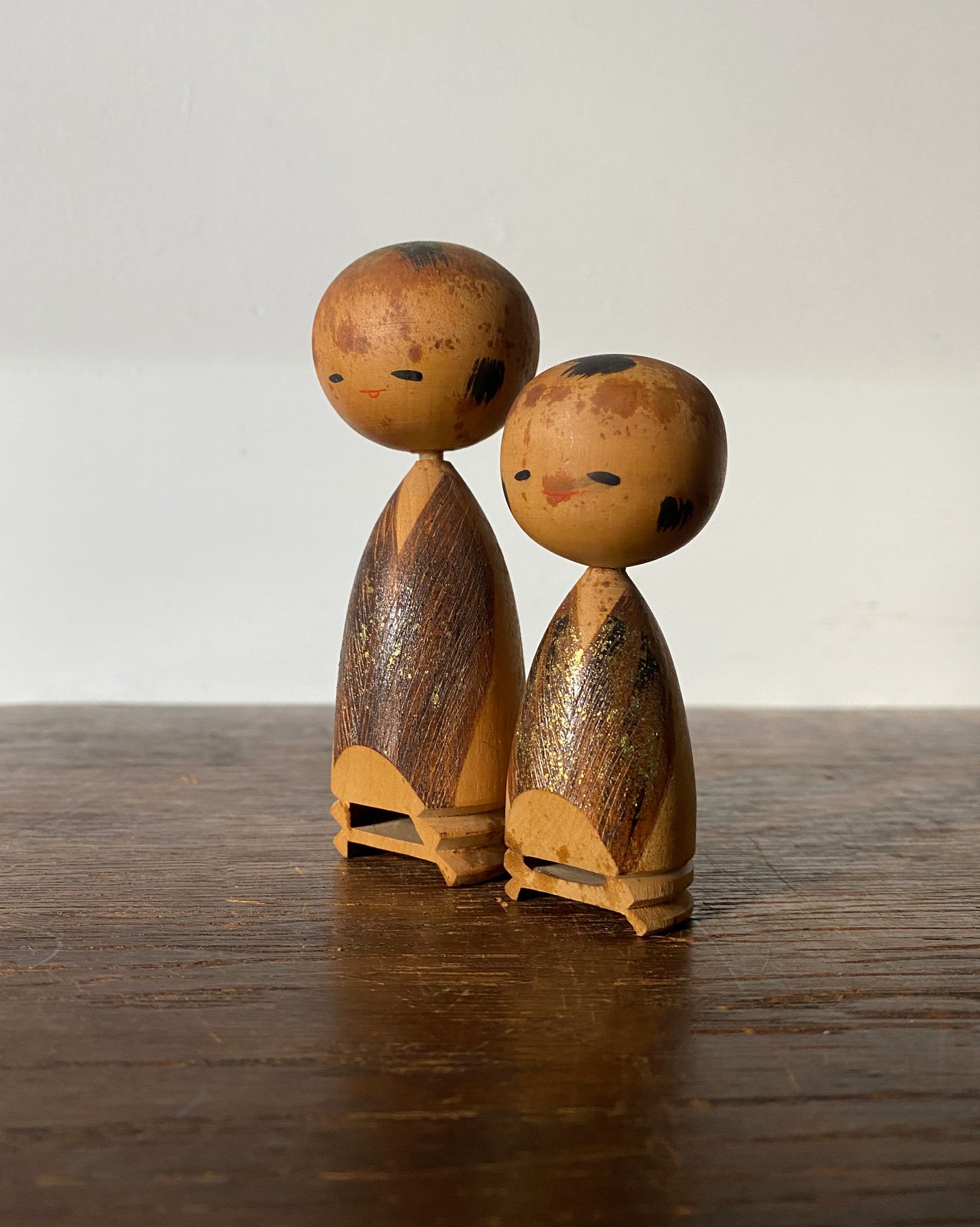 vintage gold kimono kokeshi pair
