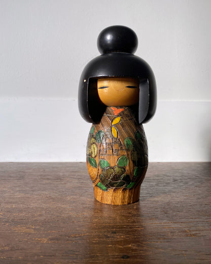 vintage carved floral kokeshi
