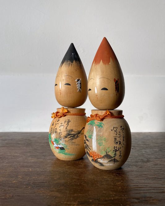 vintage calligraphy kokeshi pair