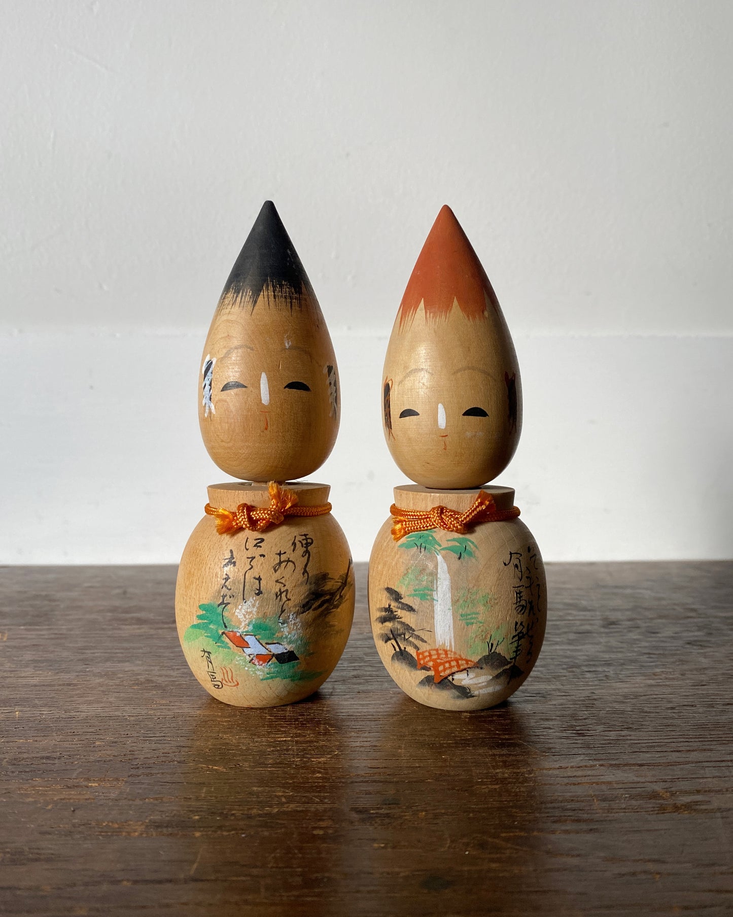 vintage calligraphy kokeshi pair