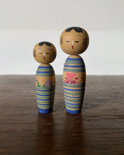 vintage striped floral kokeshi pair