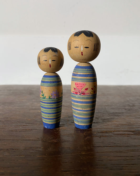 vintage striped floral kokeshi pair