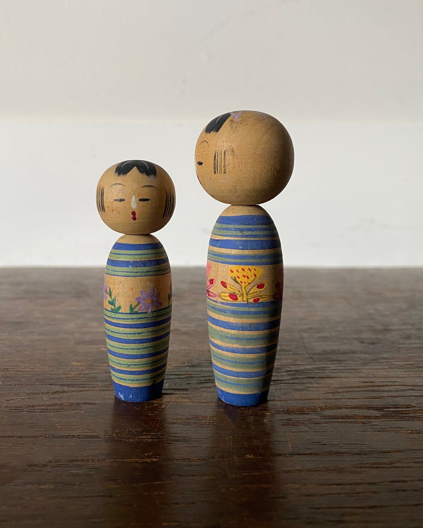 vintage striped floral kokeshi pair