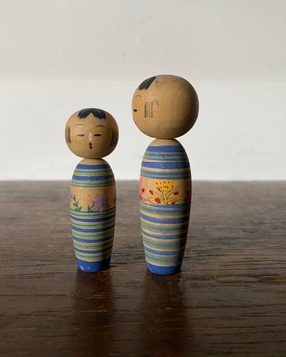 vintage striped floral kokeshi pair