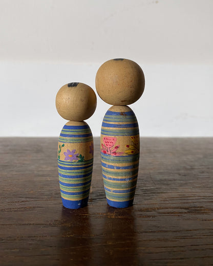 vintage striped floral kokeshi pair