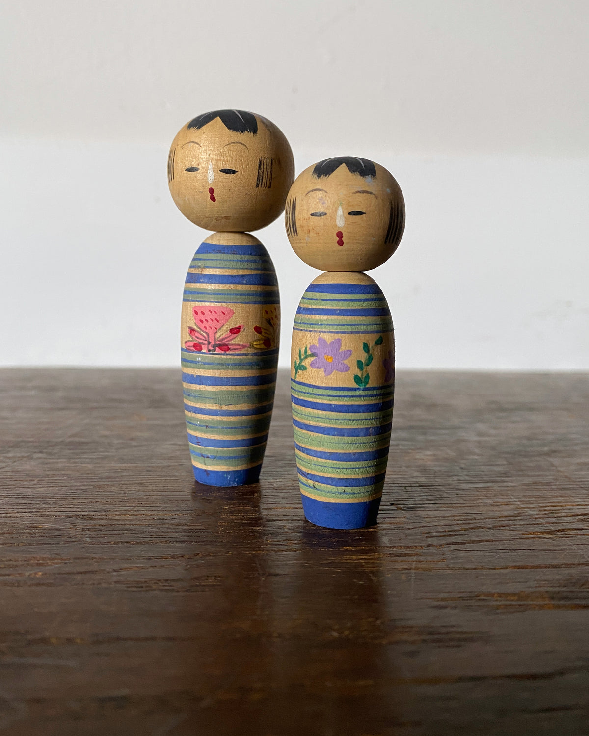 vintage striped floral kokeshi pair