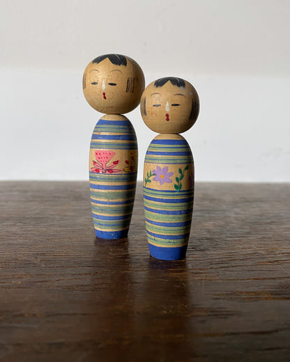 vintage striped floral kokeshi pair