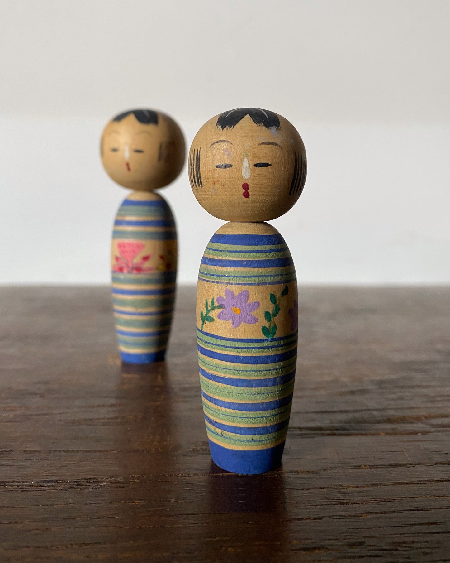 vintage striped floral kokeshi pair