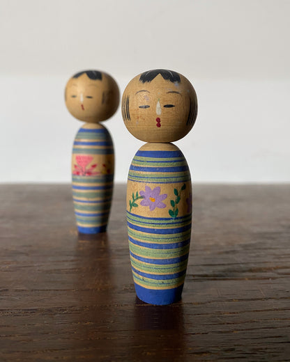 vintage striped floral kokeshi pair