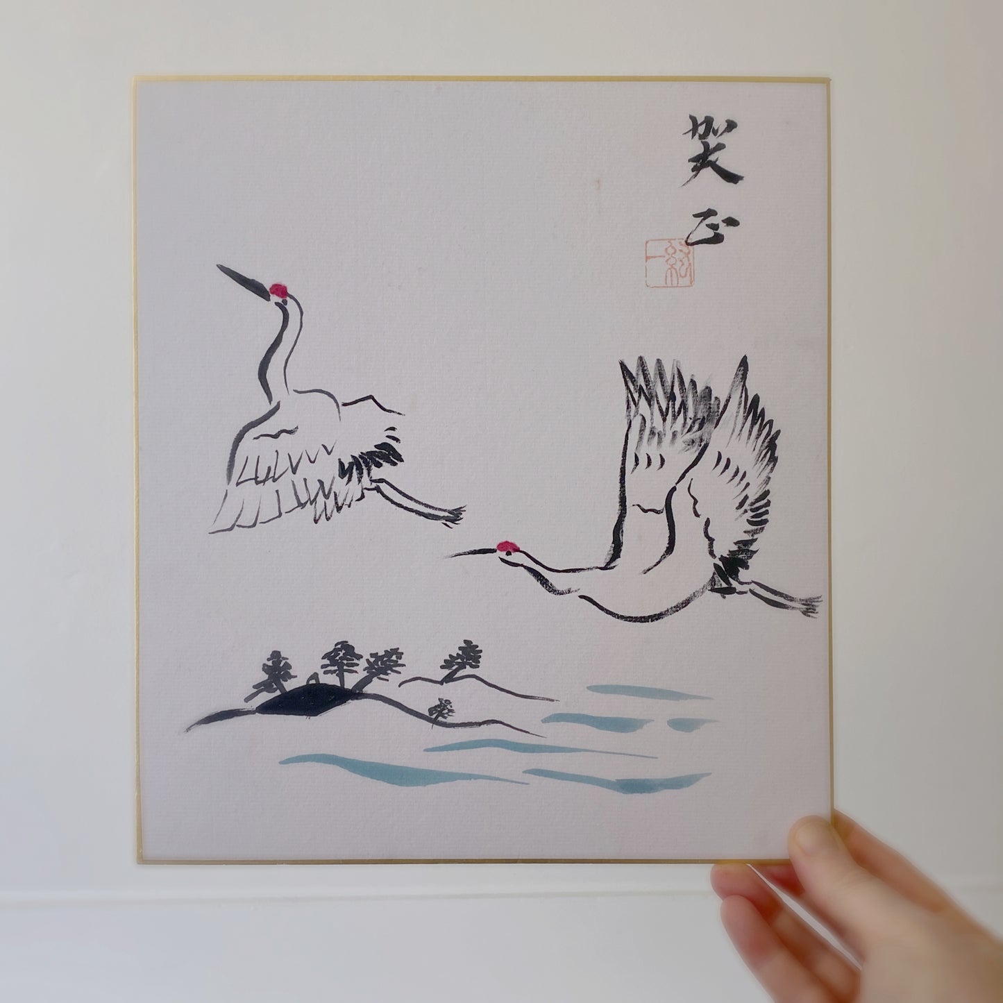 vintage japanese shikishi painting : cranes