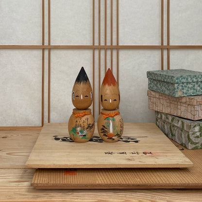 vintage japanese paintbrush kokeshi duo