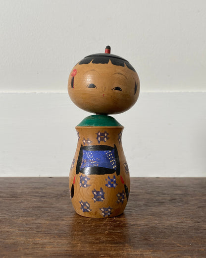 vintage blue patterned topknot kokeshi