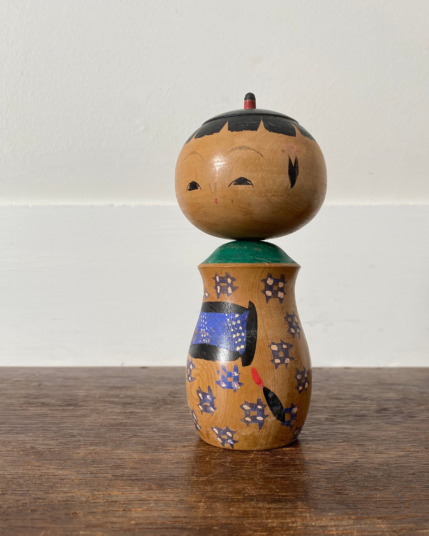 vintage blue patterned topknot kokeshi