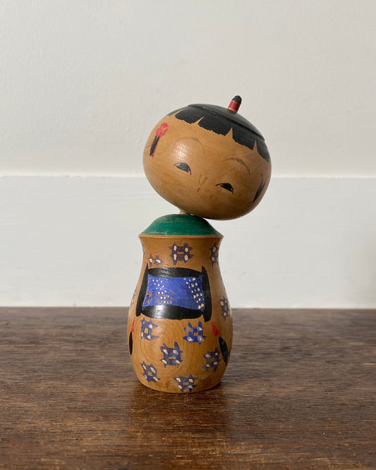 vintage blue patterned topknot kokeshi